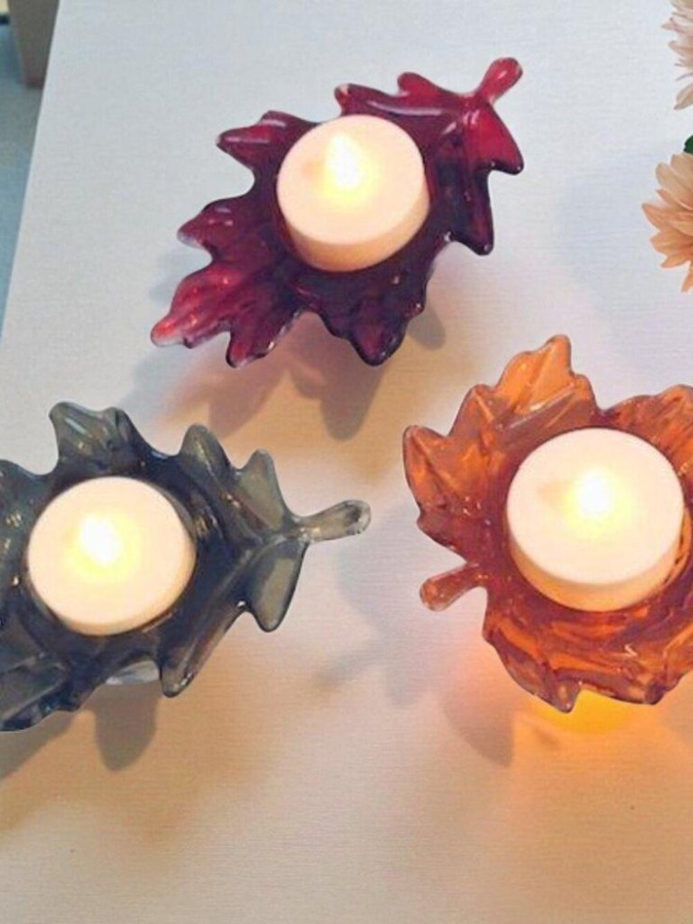3 Fall Leaves Glass LED Tea Light Votive Candle Holders